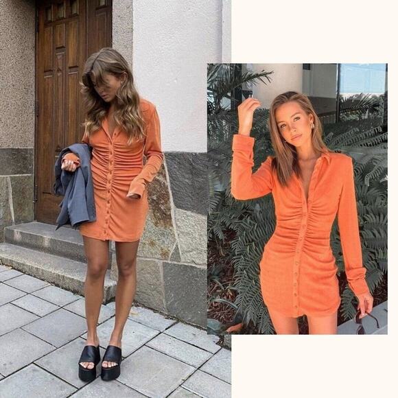With Jean | Andy Dress Maple Ruched Front Slinky Shirt Dress Orange XS - Picture 14 of 14